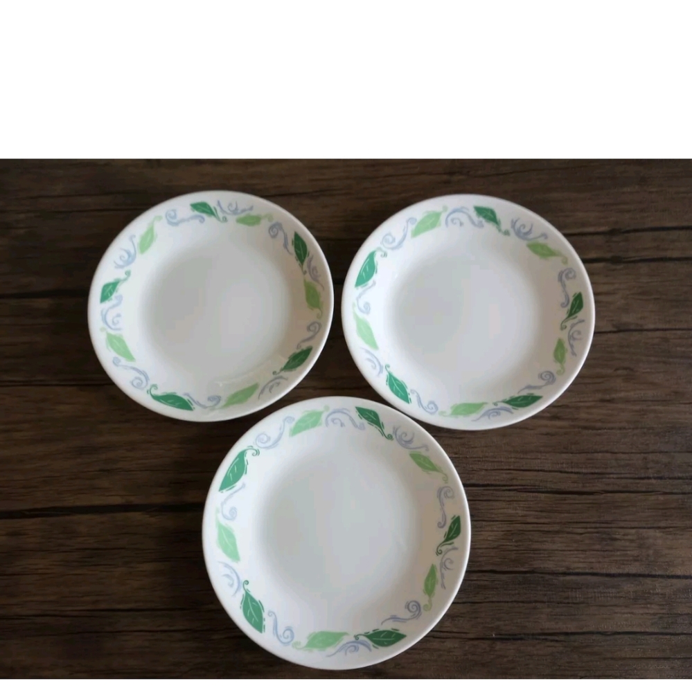 Corelle Spearmint Bread Plates White Green Leaves Blue Scrolls 6.75" 3pcs
